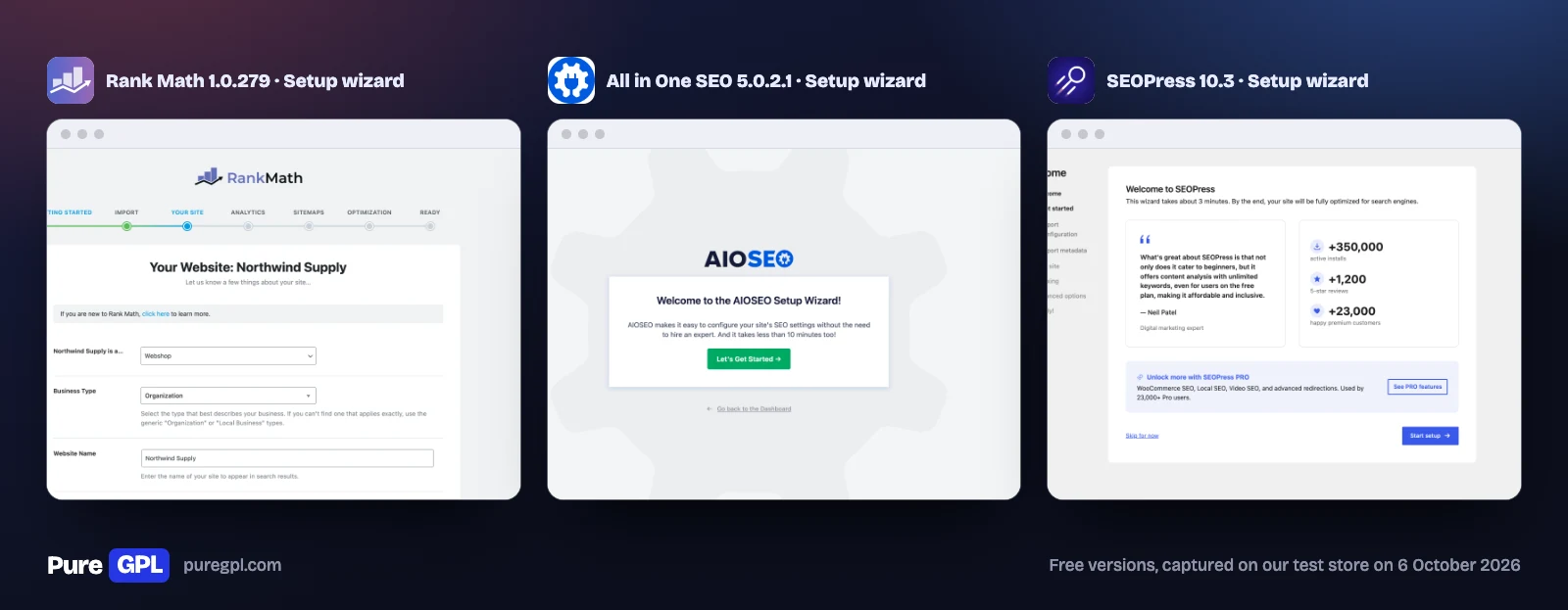 The setup wizards of Rank Math, All in One SEO and SEOPress side by side