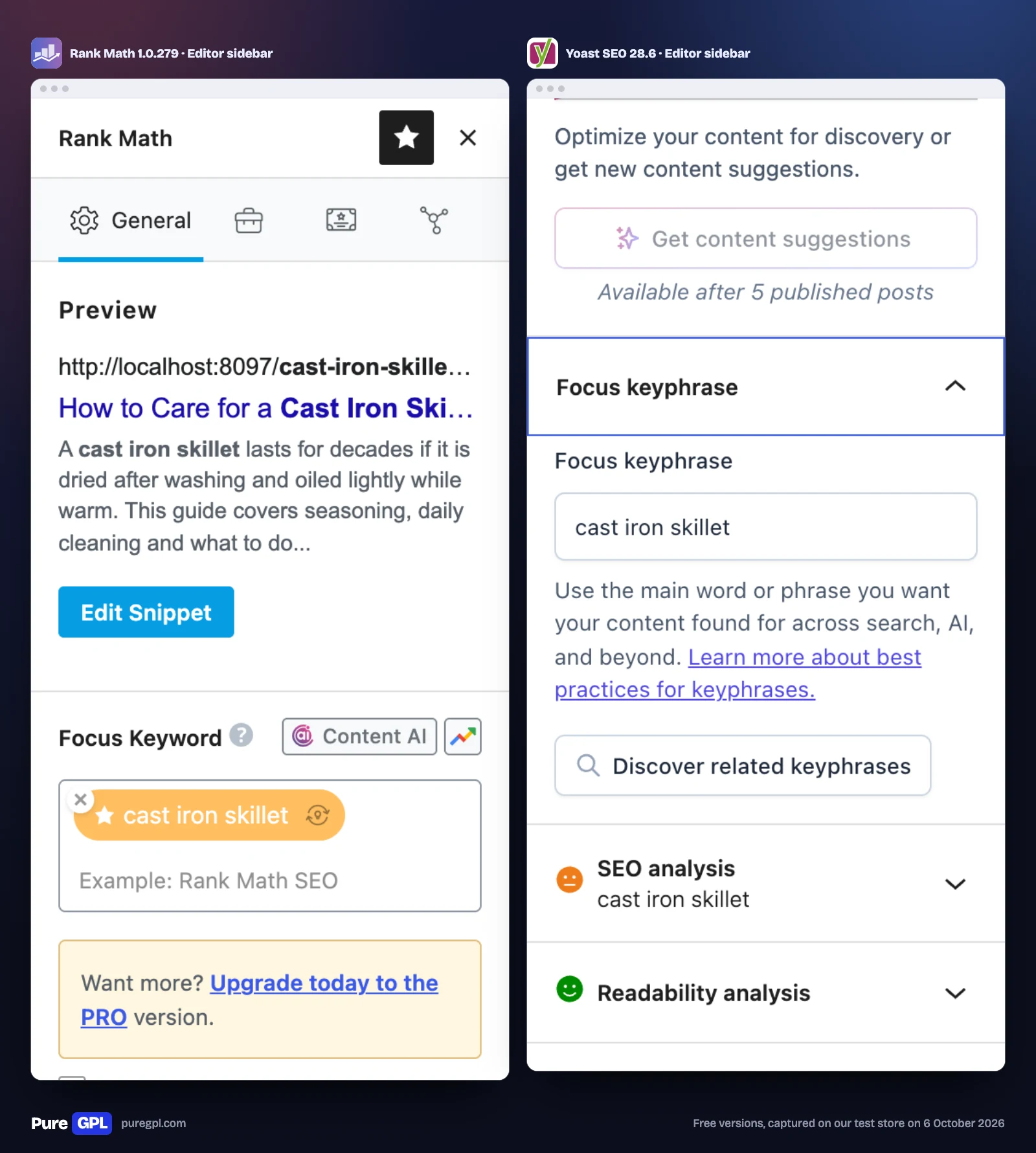 Rank Math vs Yoast SEO: Tested Side by Side in 2026 4 Rank Math's editor sidebar and Yoast SEO's editor sidebar on the same post