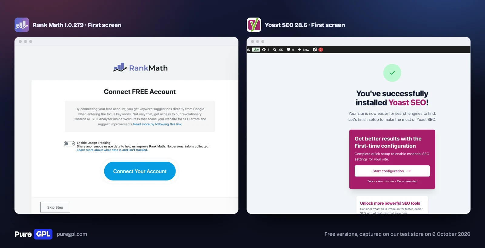 Rank Math vs Yoast SEO: Tested Side by Side in 2026 1 The first screen after activating each plugin: Rank Math asks to connect a free account, Yoast SEO shows its installation success page
