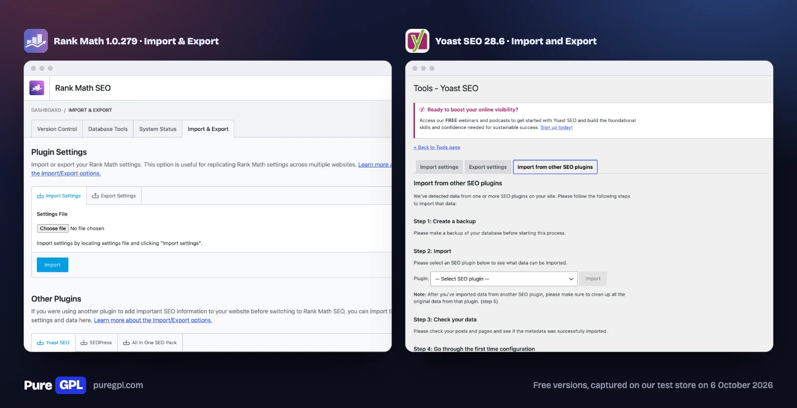 Rank Math vs Yoast SEO: Tested Side by Side in 2026 3 Rank Math's import screen and Yoast SEO's import and export tool