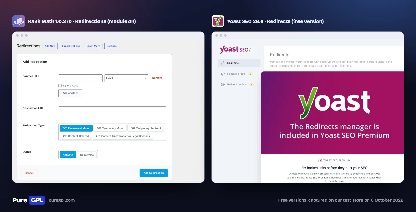 Rank Math vs Yoast SEO: Tested Side by Side in 2026 6 Rank Math's redirect form and Yoast SEO's Redirects page in the free version, which shows a Premium upsell