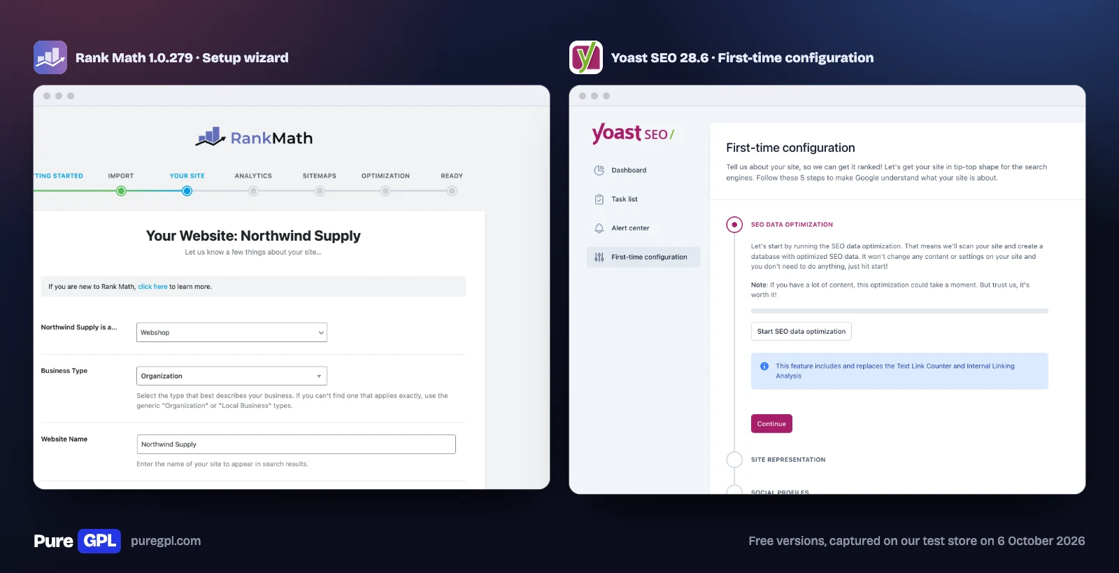 Rank Math vs Yoast SEO: Tested Side by Side in 2026 2 Rank Math's setup wizard and Yoast SEO's first-time configuration side by side