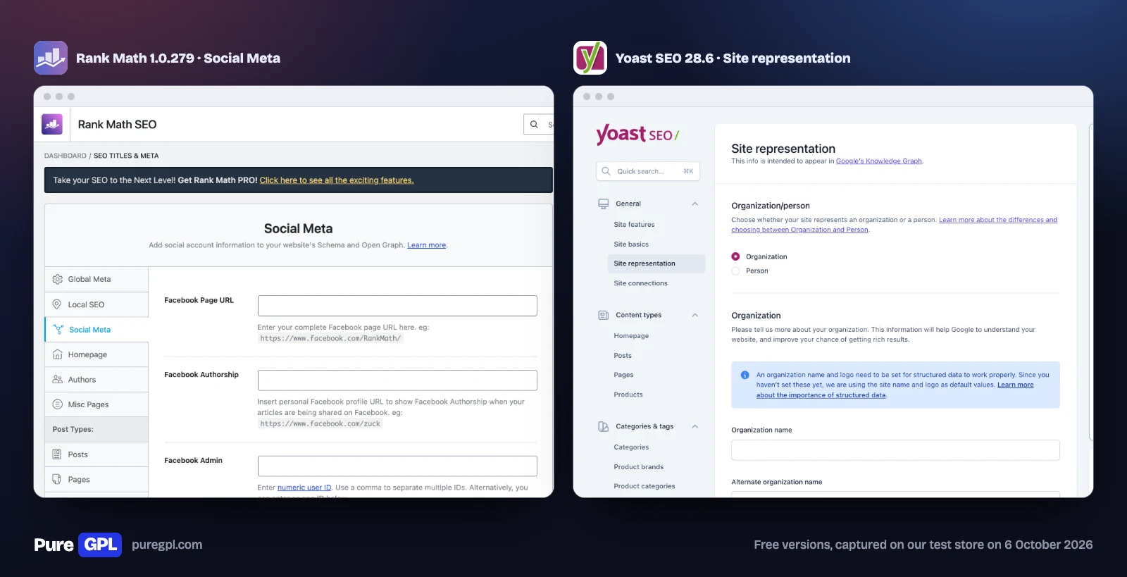 Rank Math vs Yoast SEO: Tested Side by Side in 2026 5 Rank Math's social settings and Yoast SEO's site representation settings