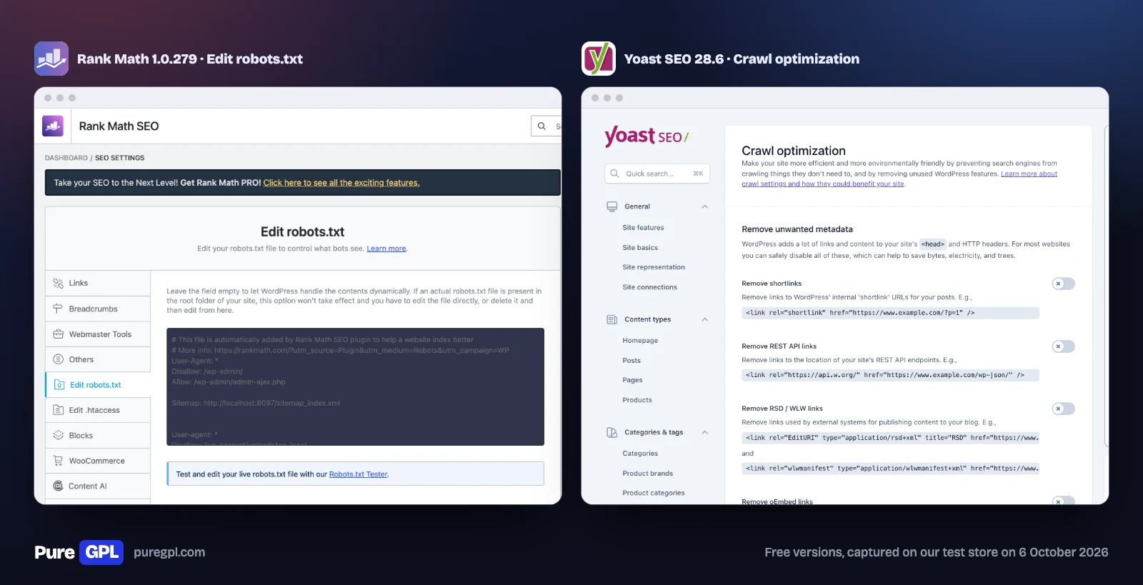Rank Math vs Yoast SEO: Tested Side by Side in 2026 7 Rank Math's robots.txt editor and Yoast SEO's crawl optimization settings
