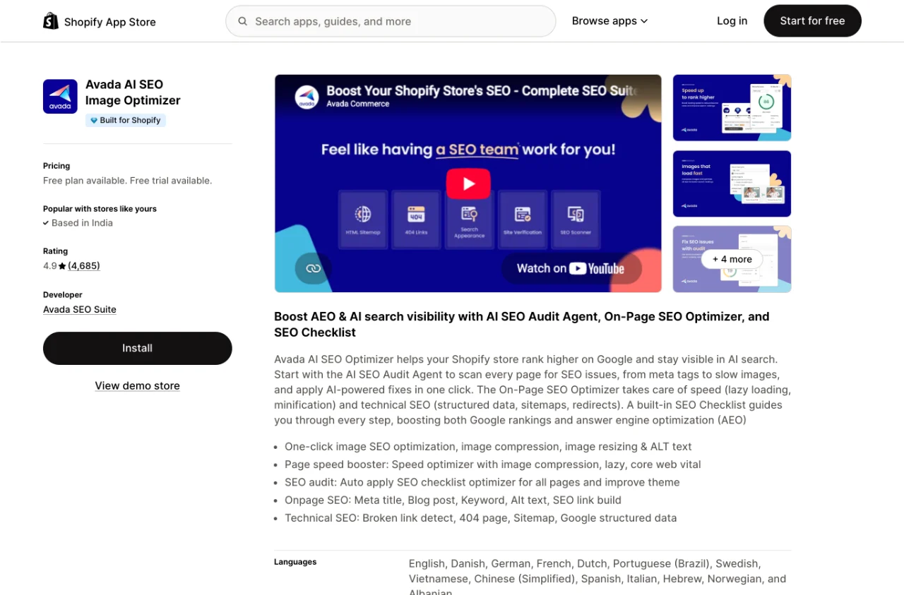 A Shopify App Store listing for an SEO app, showing its pricing, rating and number of reviews