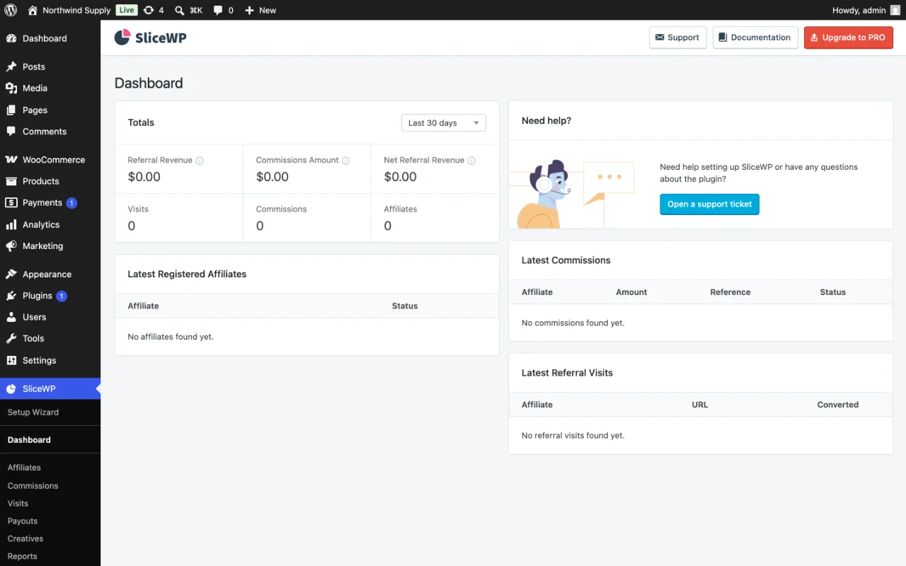 SliceWP dashboard in the WordPress admin, showing totals, latest affiliates and latest referral visits