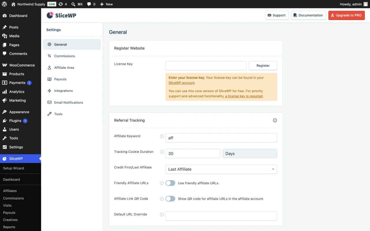 SliceWP settings screen, with the referral tracking options: affiliate keyword, cookie duration and first or last affiliate credit