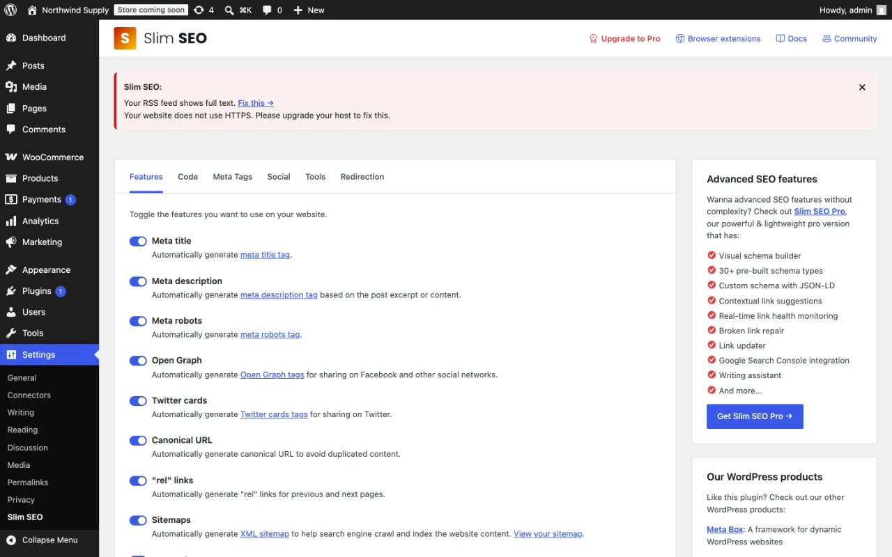Best Free SEO Plugins for WordPress in 2026, Tested 3 Slim SEO settings screen in the WordPress admin, with a short list of feature toggles