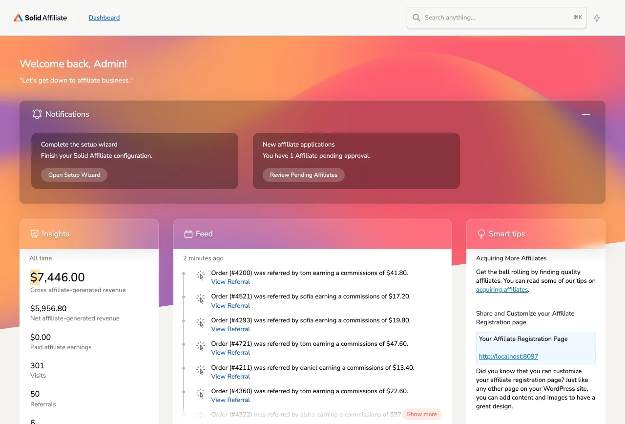 Solid Affiliate dashboard in the WordPress admin, showing notifications, insights and the activity feed