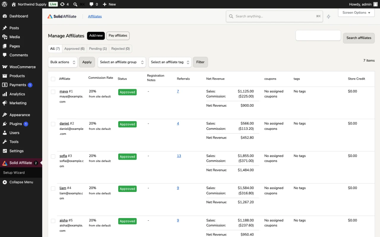 Solid Affiliate vs SliceWP: Which WooCommerce Affiliate Plugin in 2026? 3 Solid Affiliate Manage Affiliates screen listing affiliates with their commission rate, status, referrals and net revenue