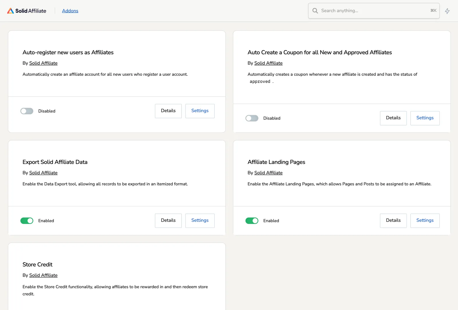 Solid Affiliate Review 2026: The WooCommerce Affiliate Plugin, Examined 11 Solid Affiliate Addons screen with auto-registration, automatic coupons, data export, landing pages and store credit