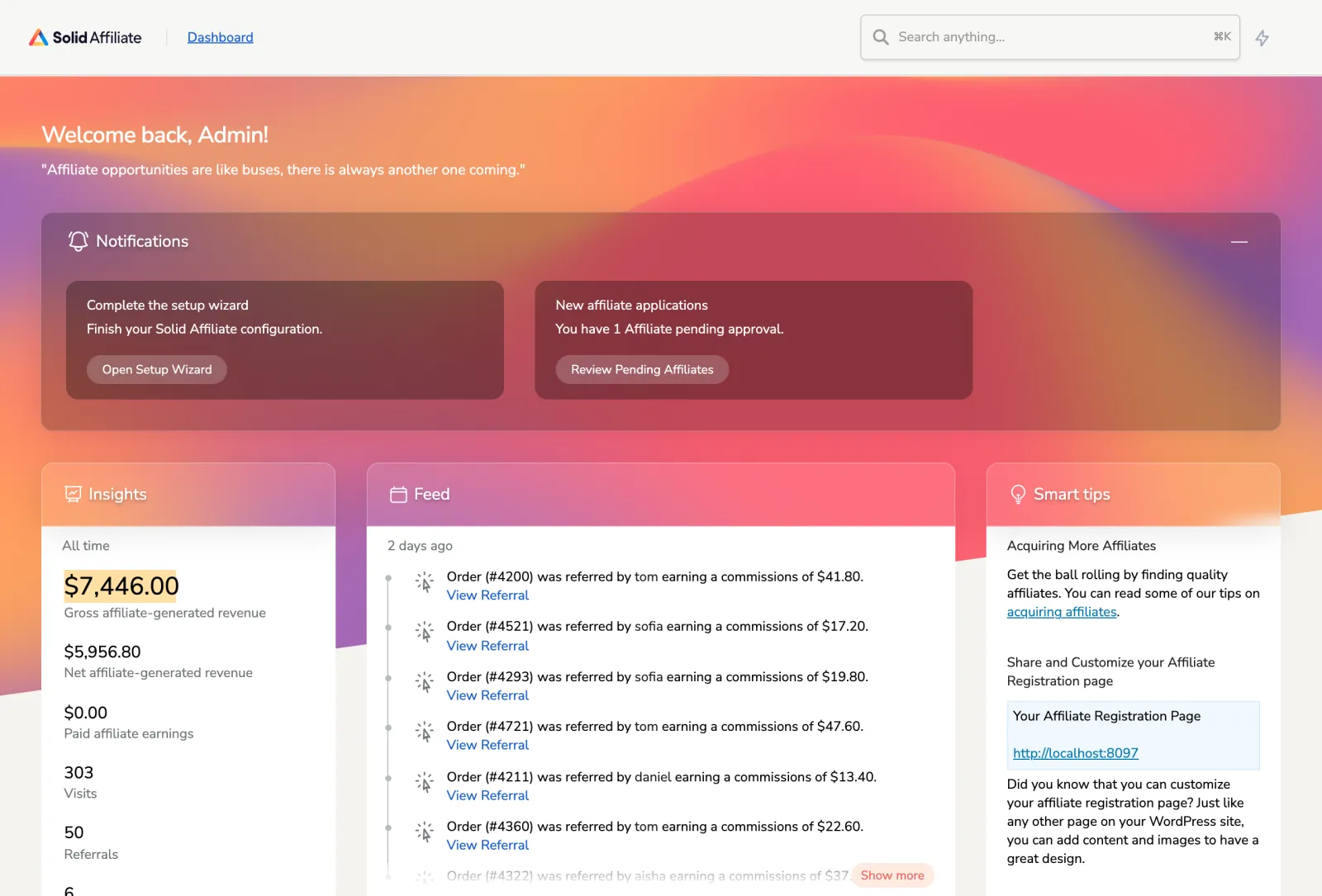 Solid Affiliate Review 2026: The WooCommerce Affiliate Plugin, Examined 1 Solid Affiliate dashboard with notifications, insights and an activity feed