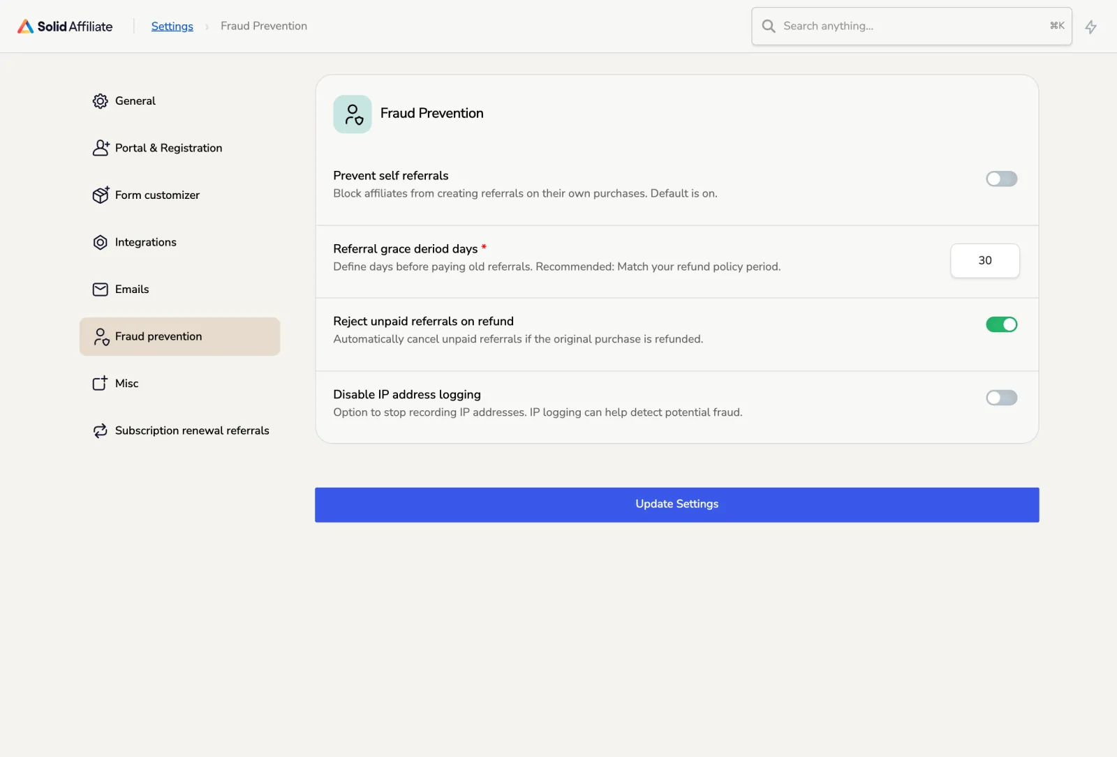 Solid Affiliate Review 2026: The WooCommerce Affiliate Plugin, Examined 6 Solid Affiliate fraud settings for self-referrals, a grace period, refund rejection and IP logging