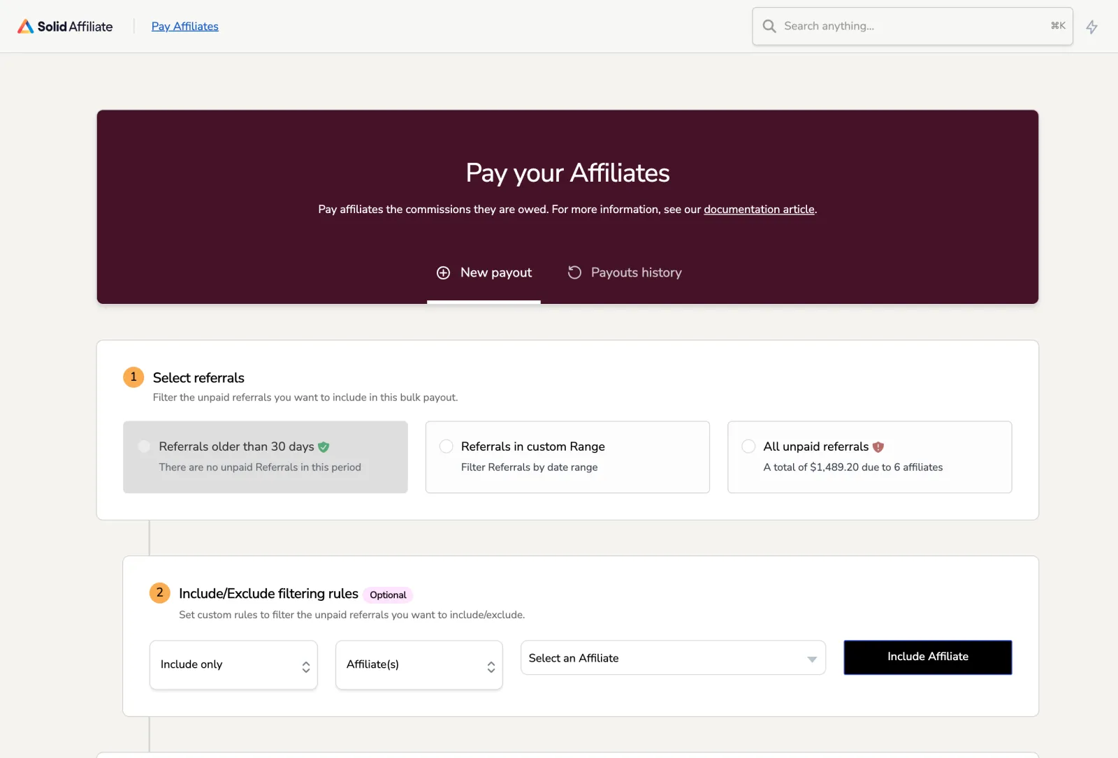Solid Affiliate Review 2026: The WooCommerce Affiliate Plugin, Examined 5 Solid Affiliate Pay Affiliates screen showing 1,489.20 dollars due to six affiliates