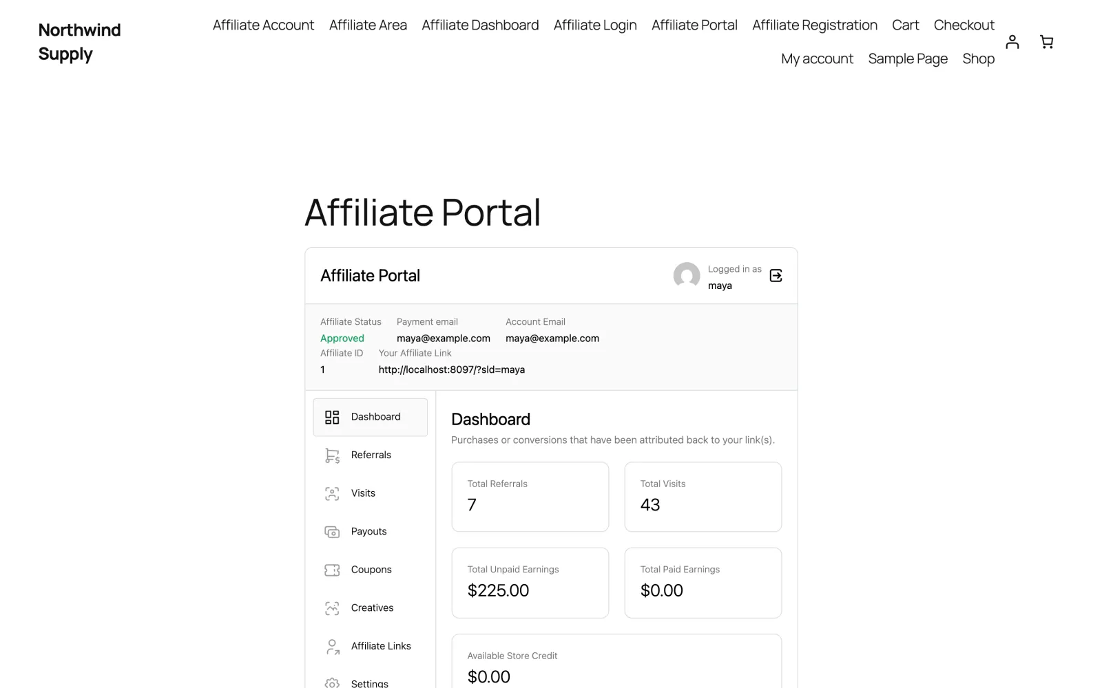 Solid Affiliate Review 2026: The WooCommerce Affiliate Plugin, Examined 10 Solid Affiliate affiliate portal dashboard with referrals, visits and unpaid earnings