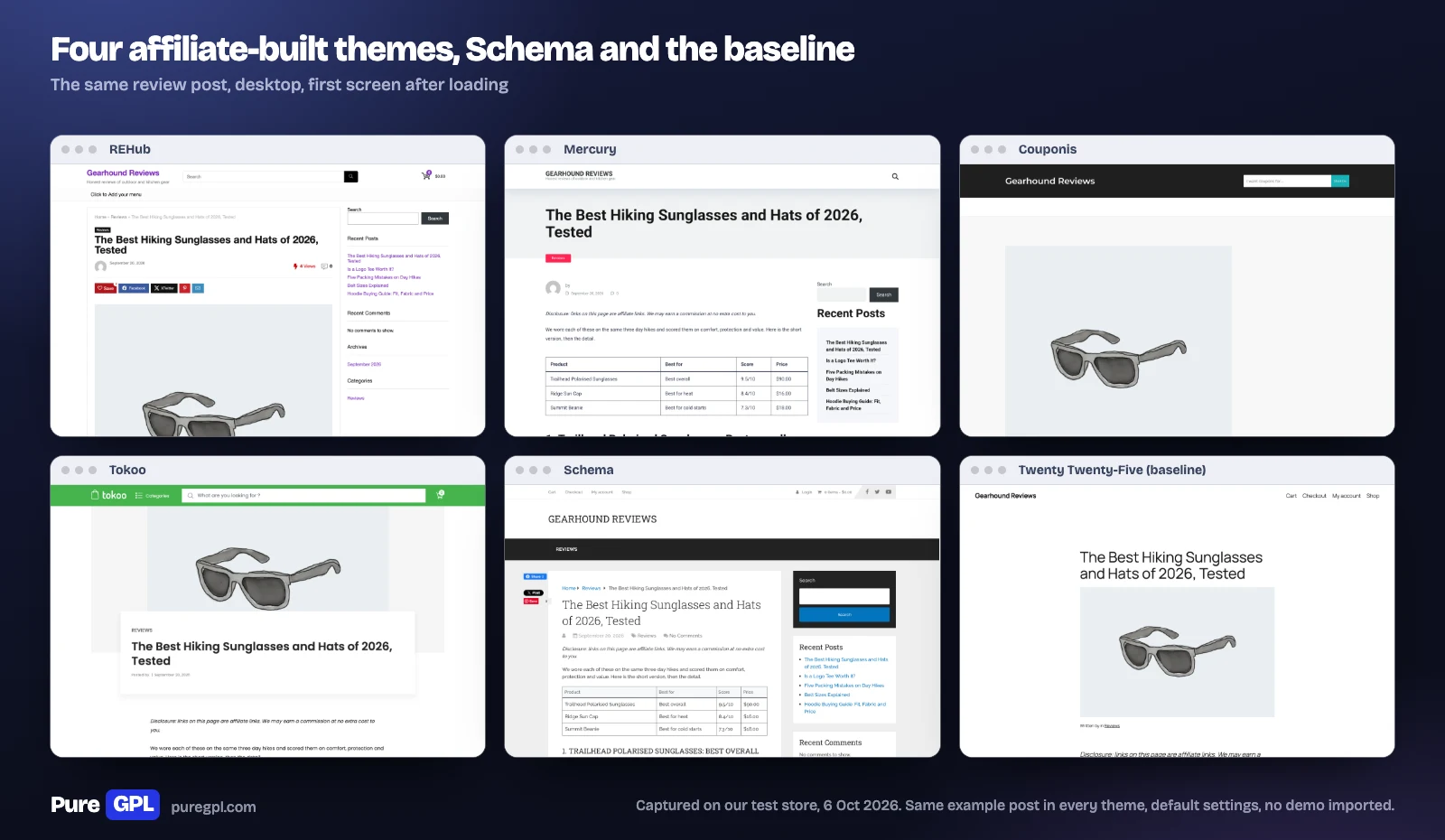 Our review post in REHub, Mercury, Couponis, Tokoo and Schema, beside WordPress's default Twenty Twenty-Five, each showing the first screen on desktop