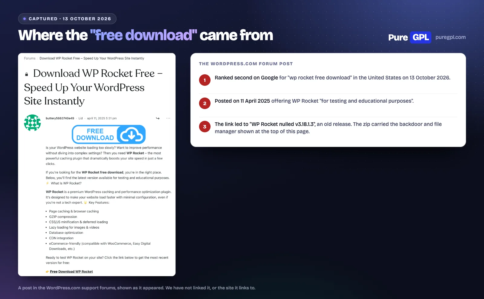 The WordPress.com forum post titled "Download WP Rocket Free, Speed Up Your WordPress Site Instantly", posted on 11 April 2025, with a Free Download button and a "Free Download WP Rocket" link, beside notes on where the link led