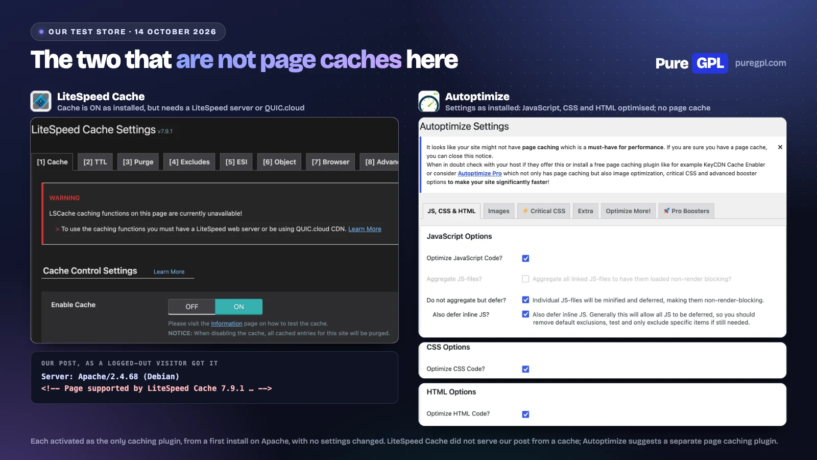 LiteSpeed Cache settings with Enable Cache switched on under a warning that its caching functions are unavailable without a LiteSpeed web server or QUIC.cloud, the post served by Apache, and Autoptimize settings with JavaScript, CSS and HTML optimisation ticked under a notice that the site might not have page caching