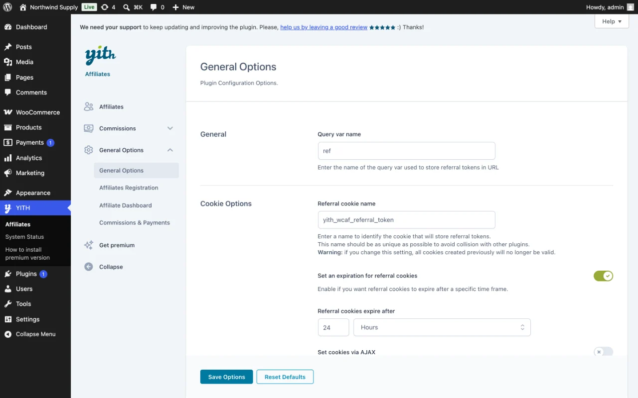 AffiliateWP vs YITH WooCommerce Affiliates: Tested in 2026 2 YITH WooCommerce Affiliates general options in the YITH panel, with the referral query name and cookie settings