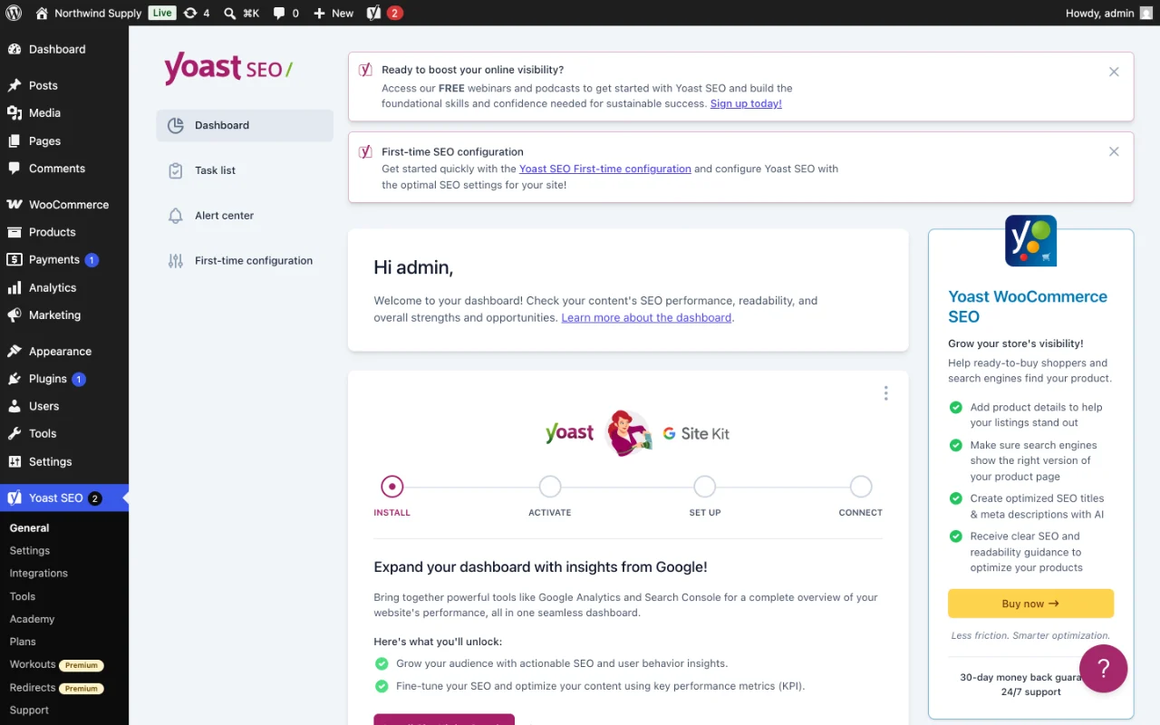 Best SEO Plugin for WooCommerce in 2026: 5 Tested on a Store 3 Yoast SEO dashboard in the WordPress admin, with first-time configuration steps