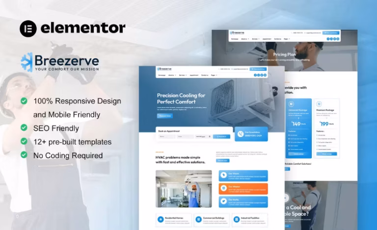 Breezerve – Air Conditioner HVAC Repair Elementor Pro Template Kit